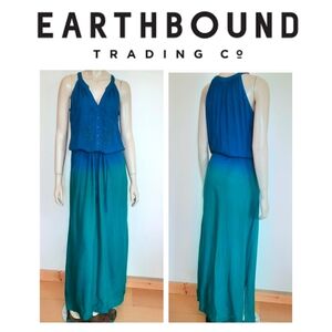 Earthbound Maxi sleeveless button-up dress ombre turquoise and blue beaded